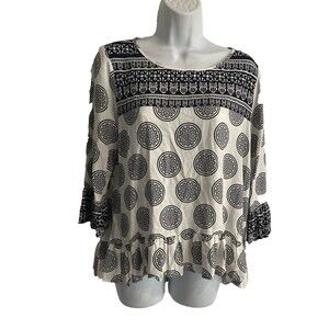 Crown & Ivy Top Womens Sz PM Blue White Owl Medallion Peplum Button Back Blouse